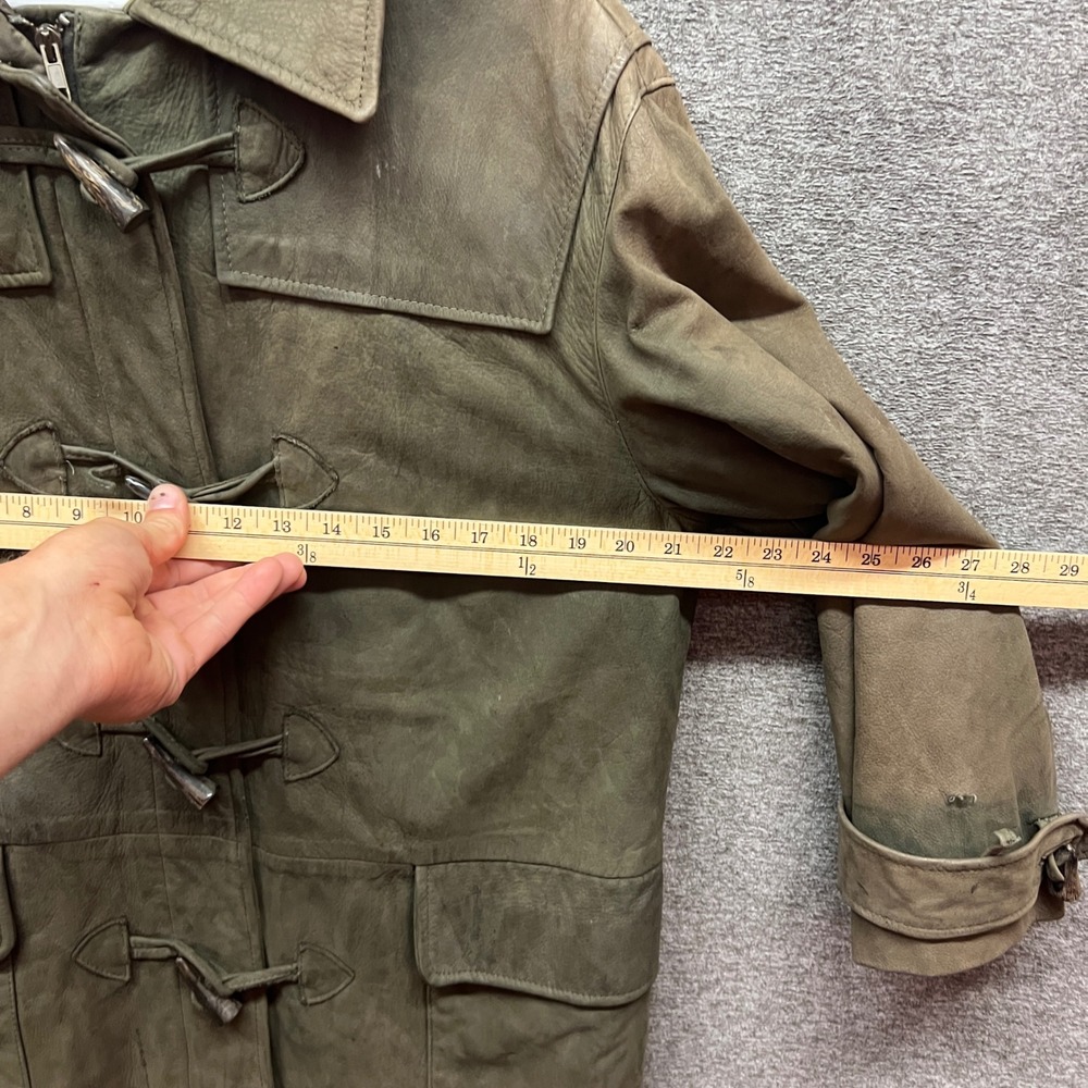 Vintage Burberry Suede Leather Duffle Toggle Coat Olive Green Jacket Womens - Picture 10 of 16